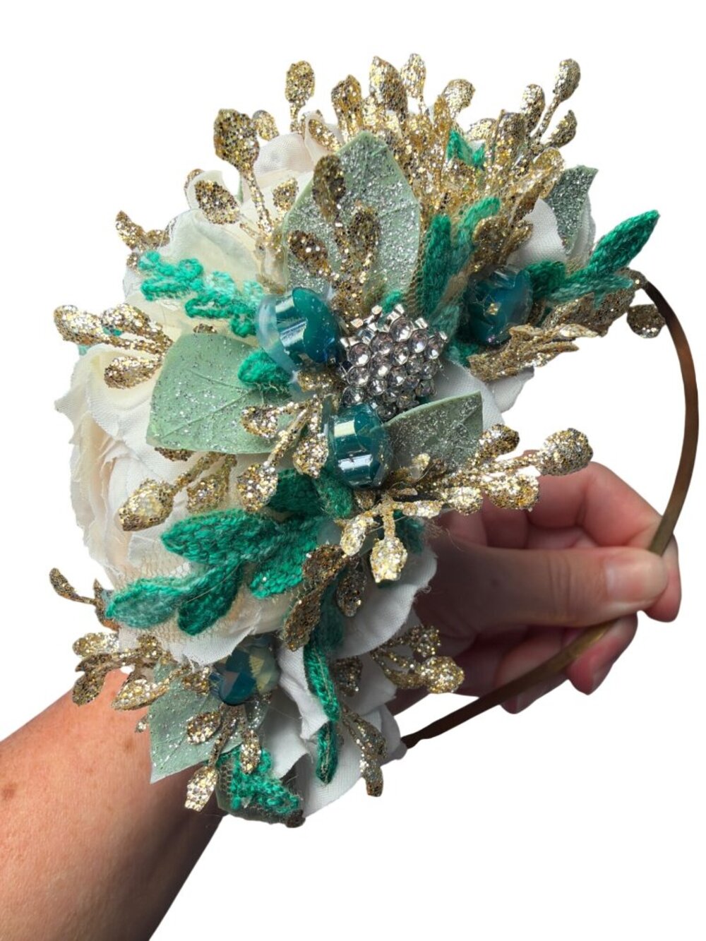 PLJ Pretty Little Jettie Gold & Green Glitter Accents Handmade Headband OOAK